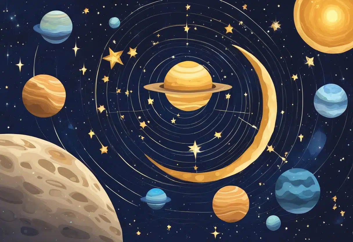 A starry night sky with planets aligned in the background, astrological symbols and constellations visible
