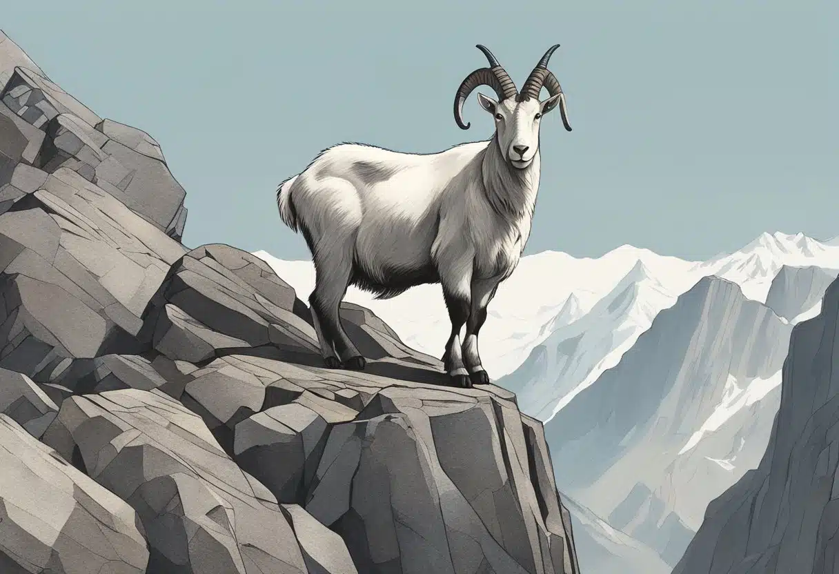 A majestic mountain goat stands proudly on a rocky cliff, with its powerful horns reaching towards the sky. The goat's determined gaze reflects its ambitious and disciplined nature as a Capricorn