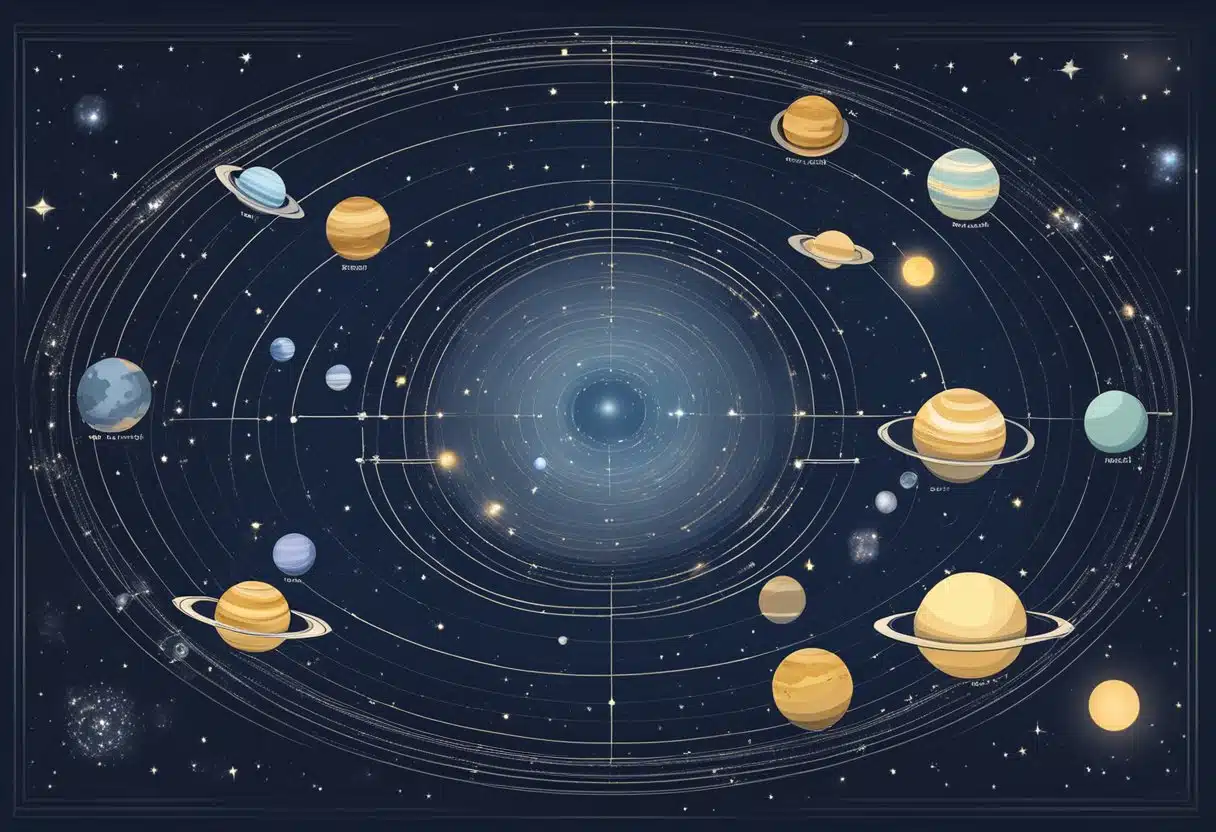 A night sky with planets aligned on January 17th, depicting the zodiac sign. No human or body parts included