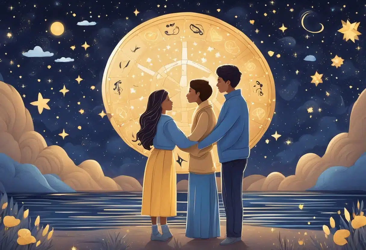 A couple under the starry night sky, surrounded by zodiac symbols and hearts