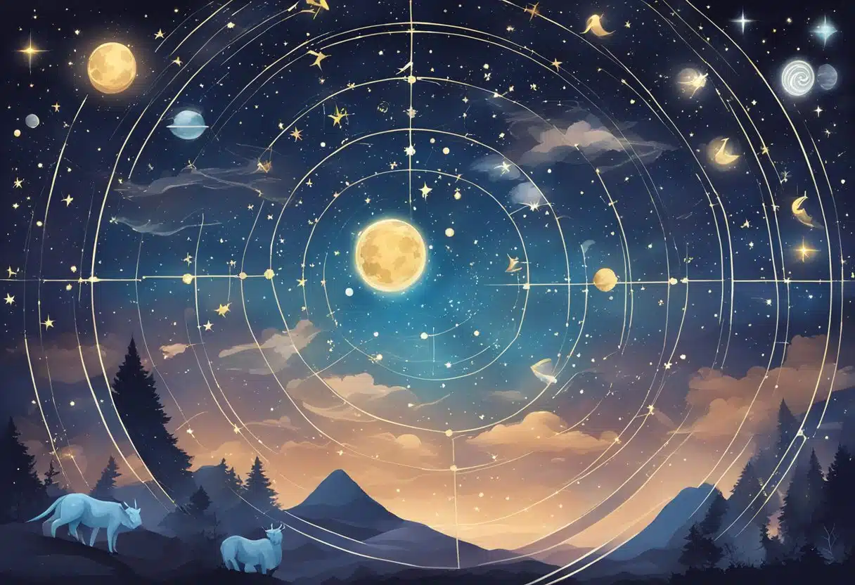 A mystical night sky with zodiac constellations and celestial symbols