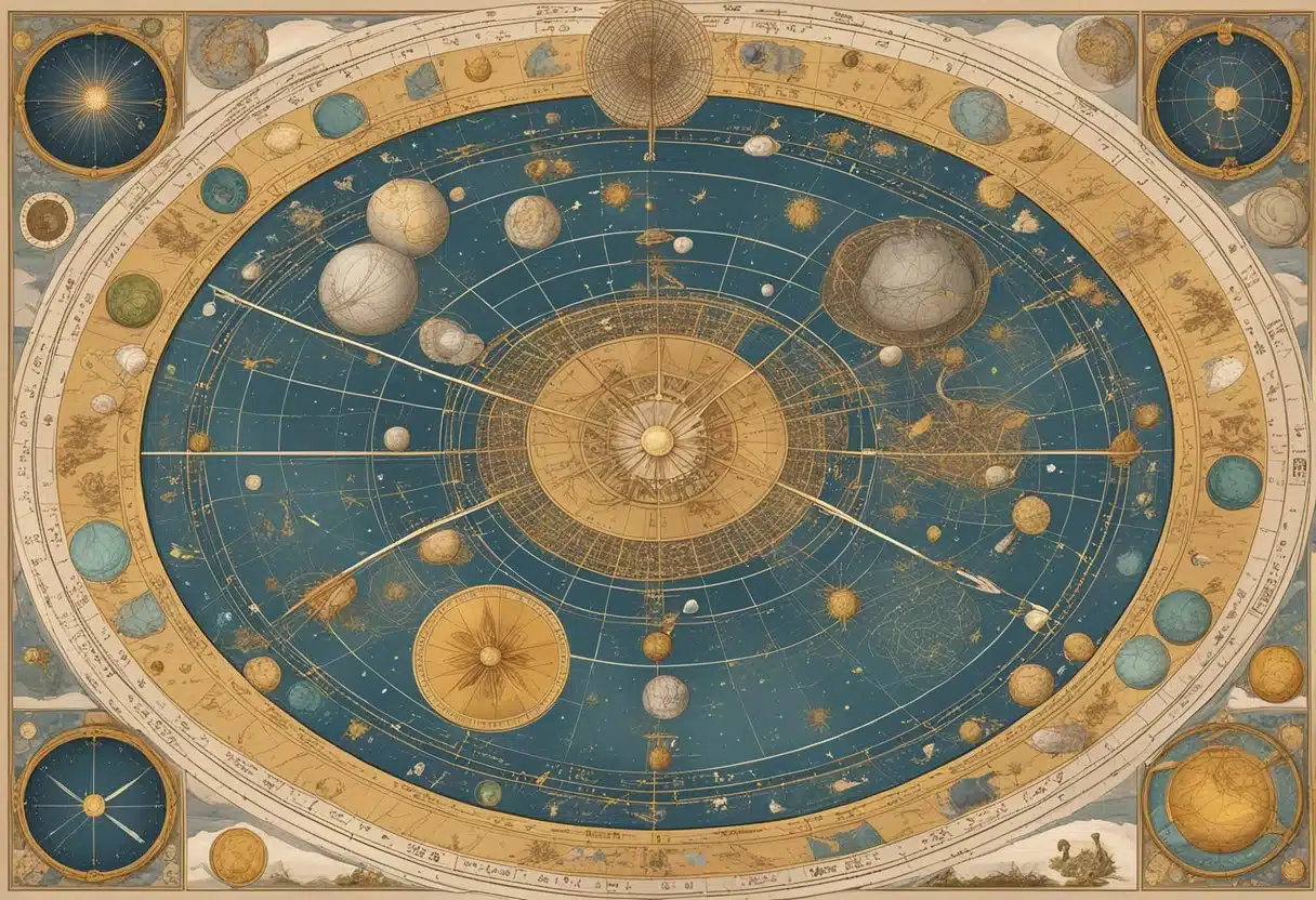 A swirling galaxy of stars and zodiac symbols, bursting with color and energy, representing creativity and self-expression