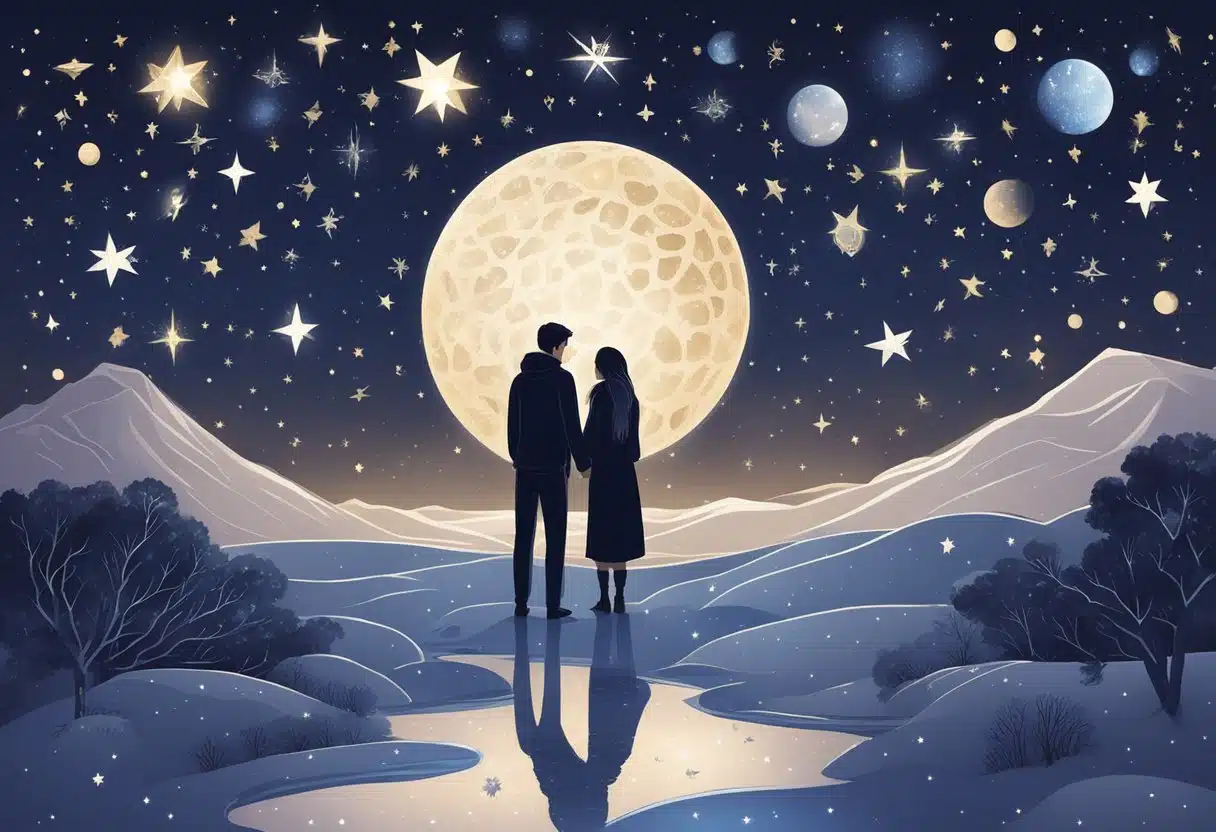 A couple holding hands under the starry night sky, surrounded by the symbols of the zodiac signs and the date "18th January."
