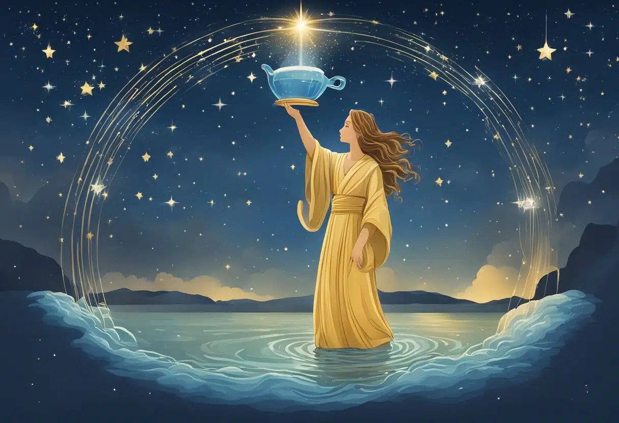 A constellation of stars forming the shape of a water bearer pouring water from a vessel, with the date "January 19" written in the sky