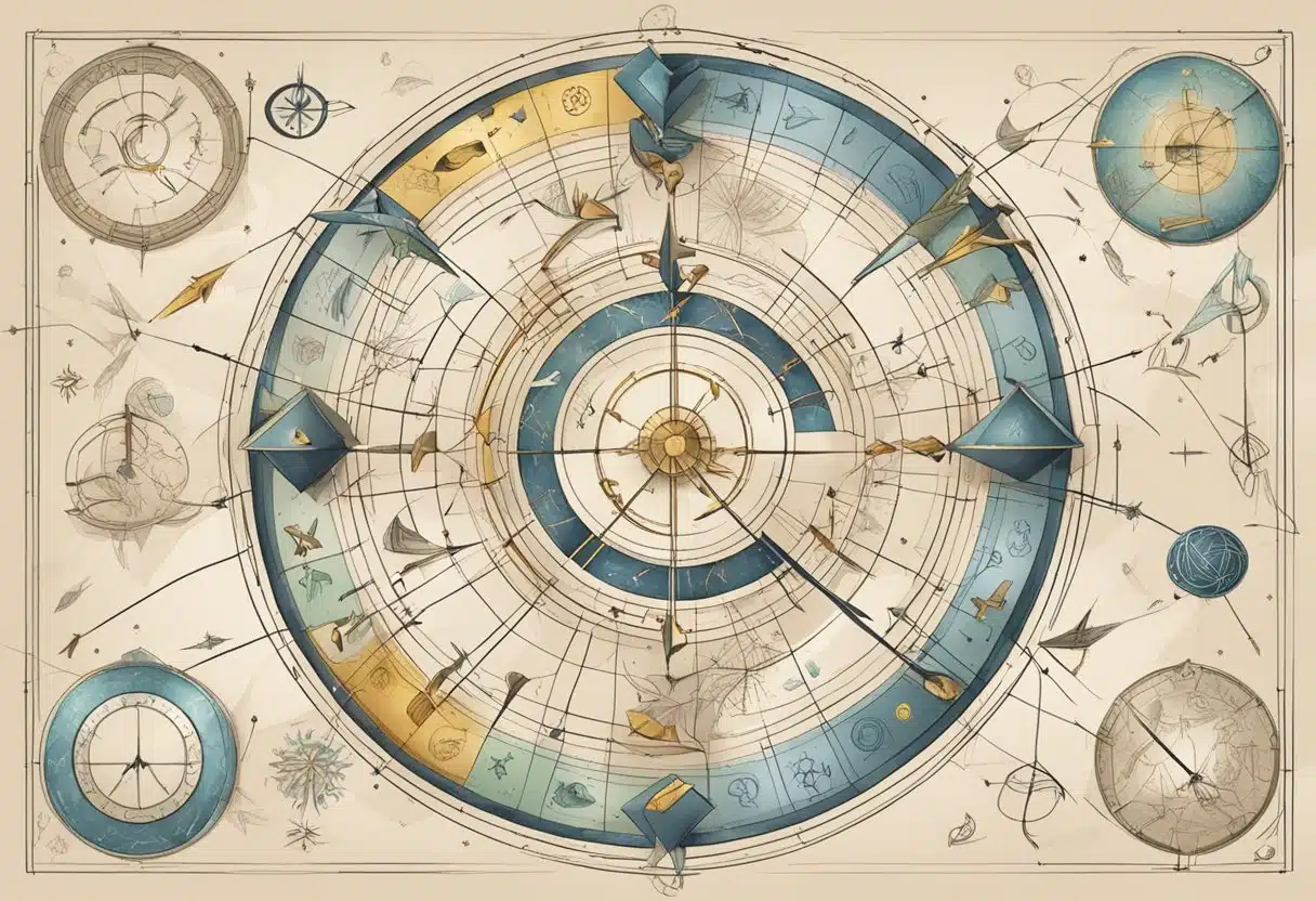 A collection of zodiac symbols surrounded by tangled lines and confused arrows, representing limitations and misunderstandings in astrology on January 19th