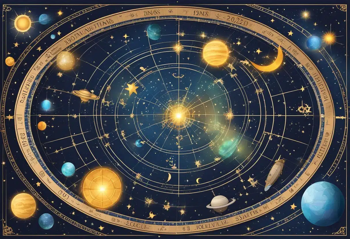 A celestial map with zodiac signs and dates, surrounded by twinkling stars and cosmic elements