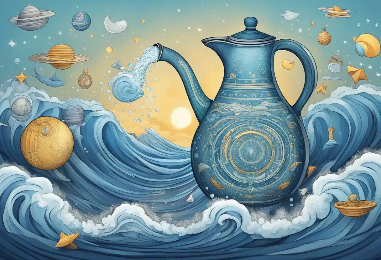 A water jug pouring out waves of creativity, surrounded by celestial symbols and a sense of introspection