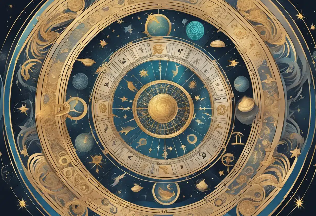 A circle of zodiac symbols connected by swirling lines, surrounded by celestial elements