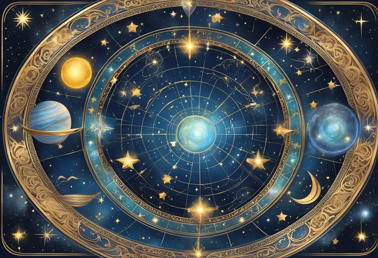 A celestial scene with stars and zodiac symbols, specifically the sign for January 21st, depicted in a cosmic and mystical style