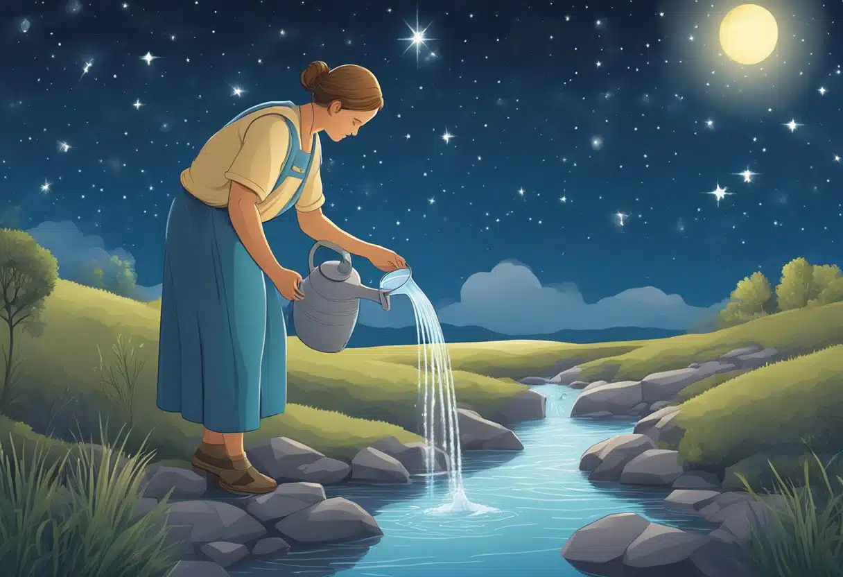 A water bearer pouring water from a jug into a stream beneath a starry sky. Aquarius constellation visible above