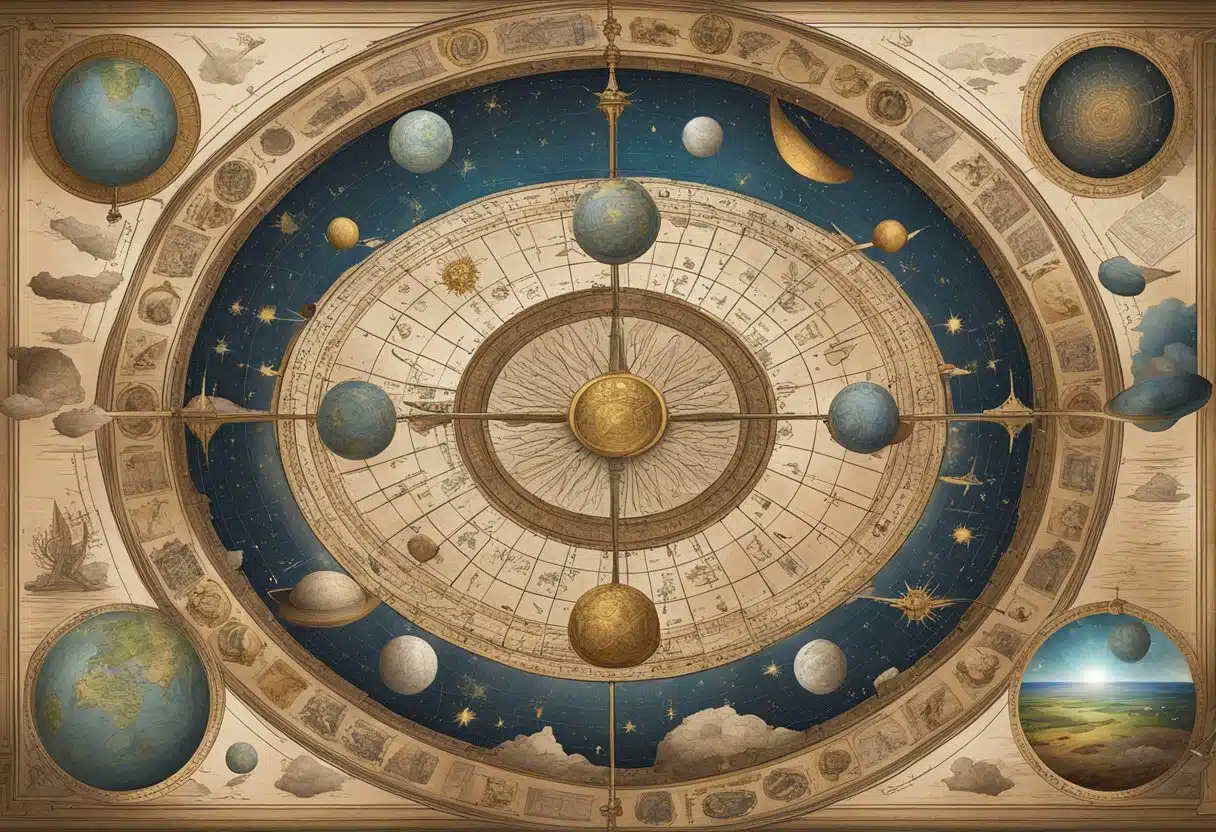 A celestial map with zodiac symbols, ancient texts, and telescopes on a cluttered desk