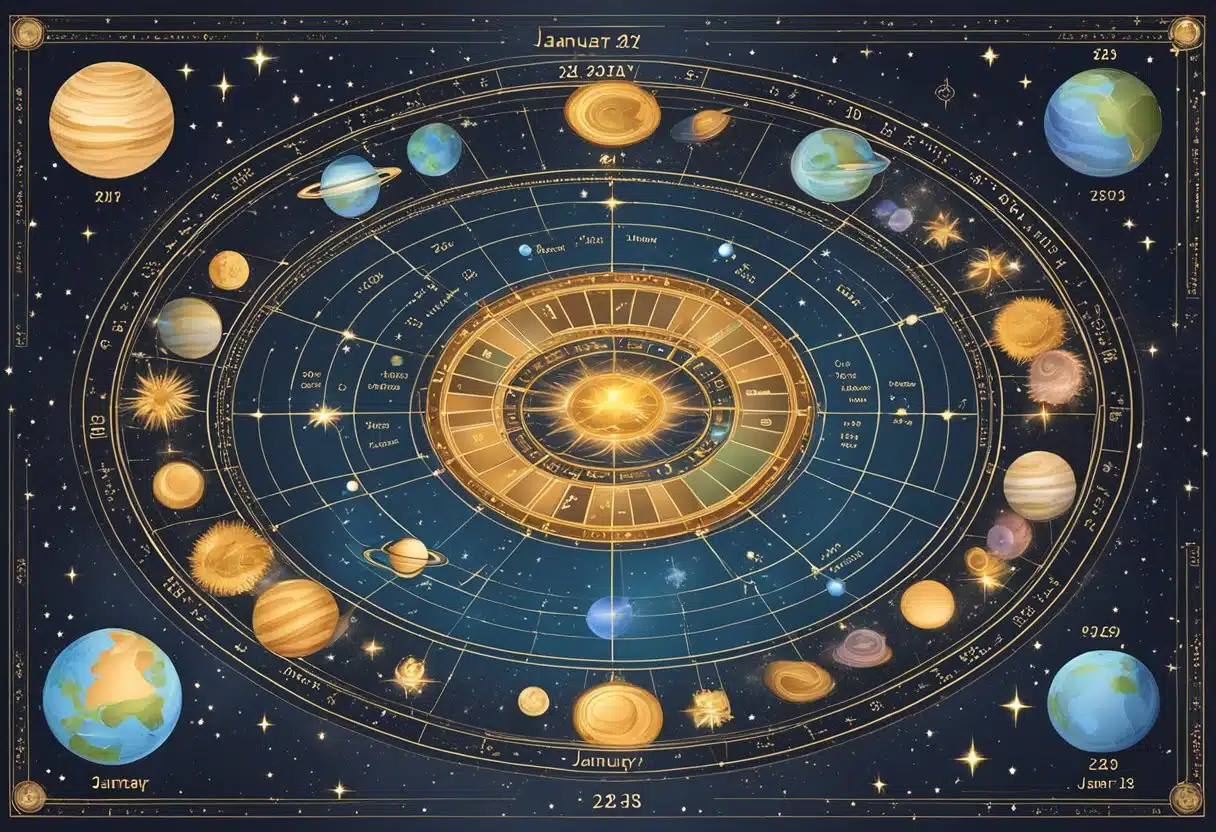 A celestial map with zodiac symbols and dates, surrounded by stars and planets, representing the astrological sign of January 23rd