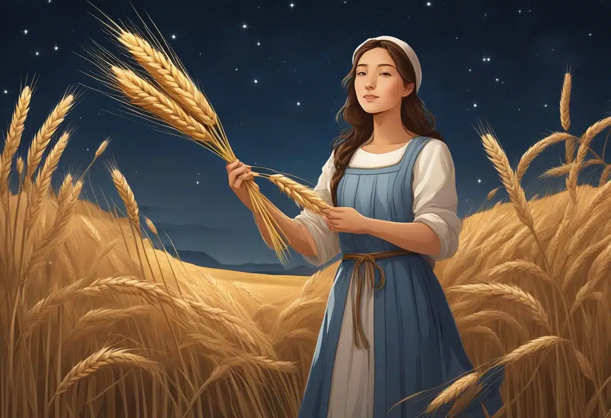 A maiden surrounded by wheat fields, holding a sheaf of wheat, with a discerning expression under a starry sky