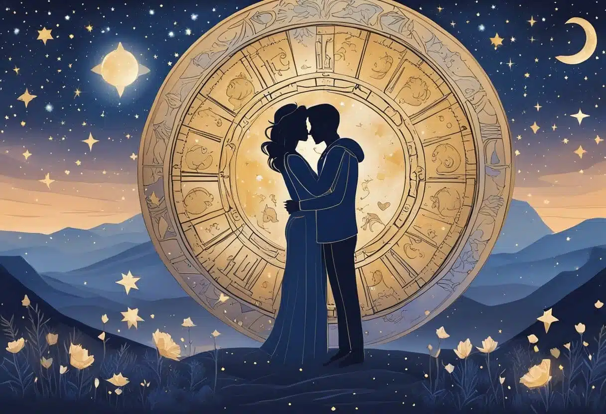 A couple embraces under a starry night sky, surrounded by the symbols of the zodiac, representing love and relationships on January 24th