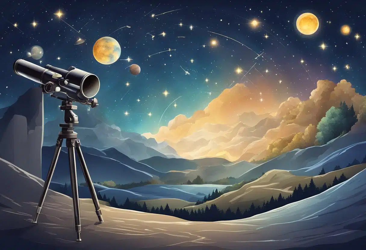 A night sky filled with stars, planets, and constellations, with a telescope and astrological charts nearby