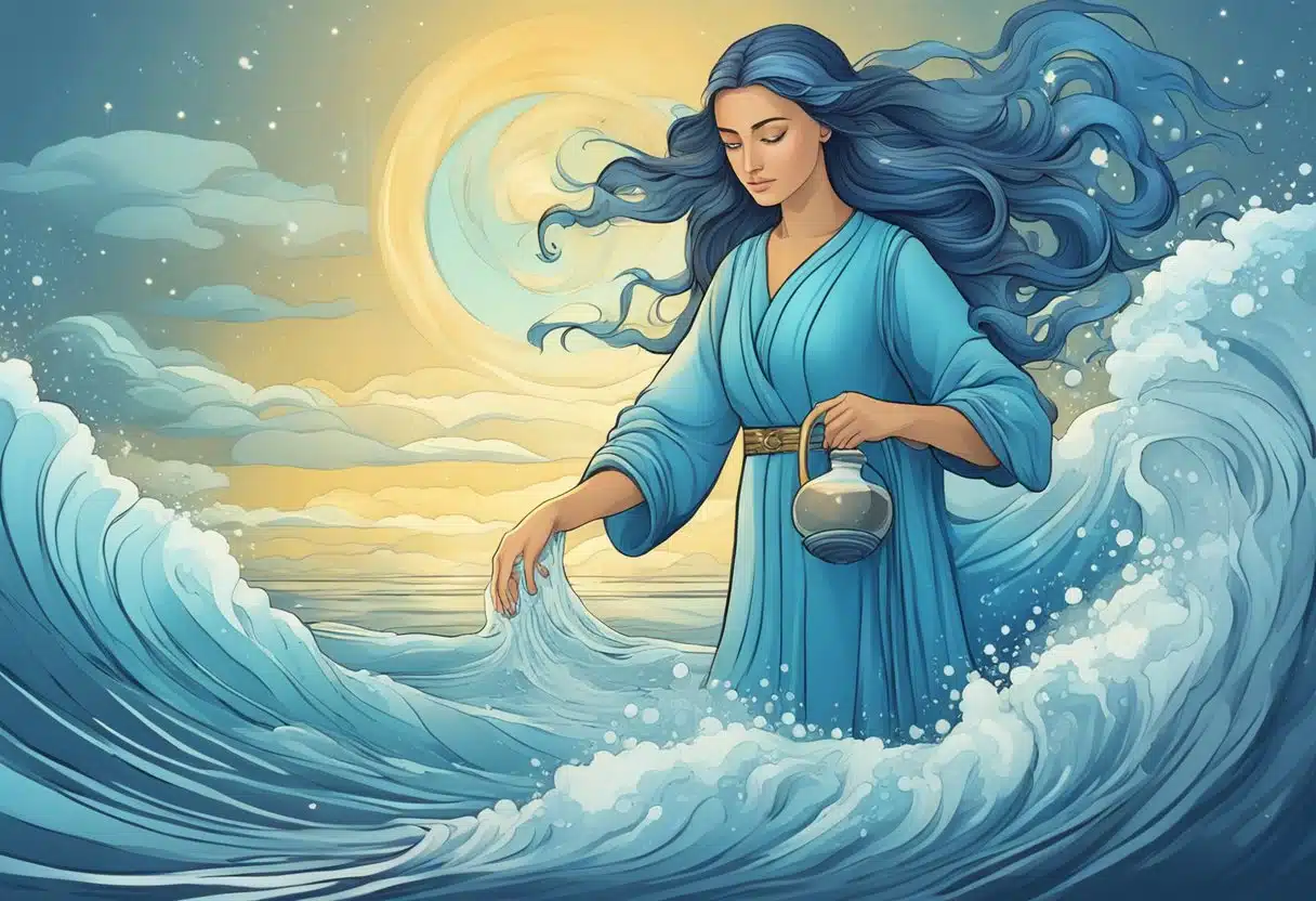 Aquarius astrological symbols: water bearer pouring water, waves, stars. January 25th zodiac sign