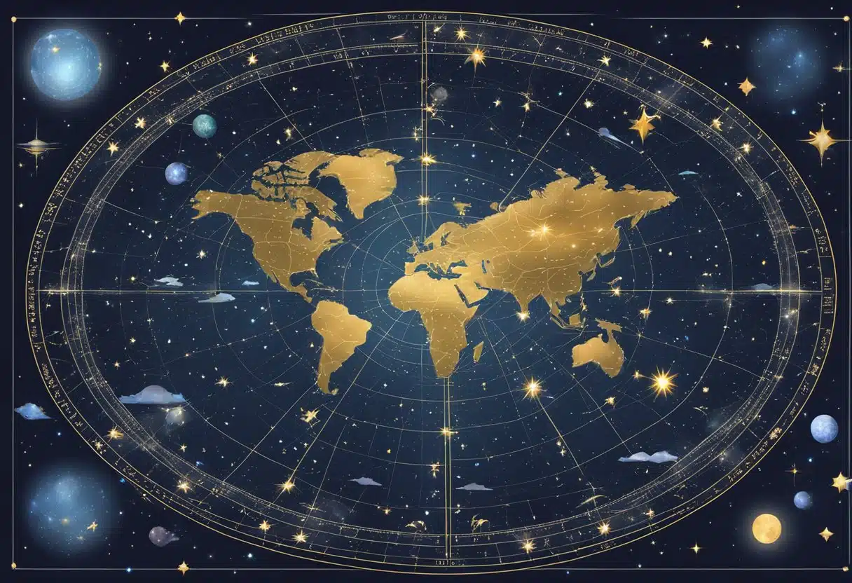 A celestial map with zodiac signs and constellations on a starry night sky