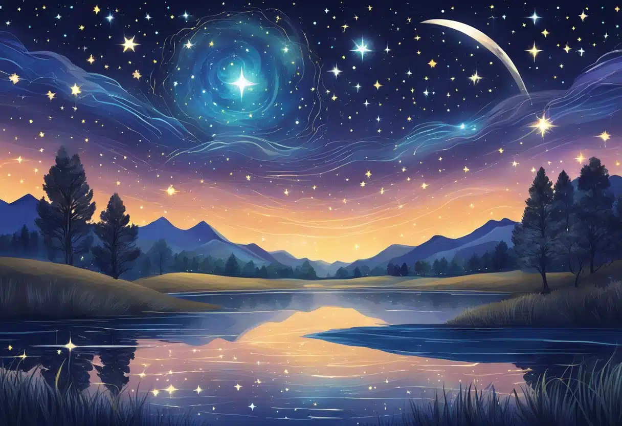 A starry night sky with zodiac symbols shining brightly