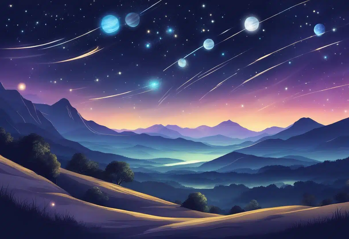 A starry night sky with planets and constellations shining brightly, casting a mystical glow over the landscape