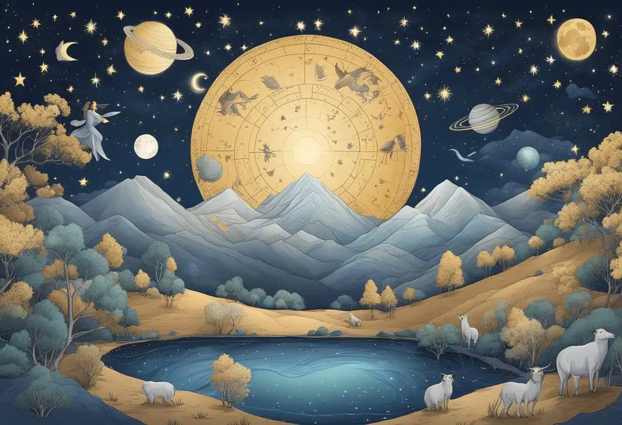 A celestial scene with zodiac constellations and mythological figures, set against a starry night sky on January 26th