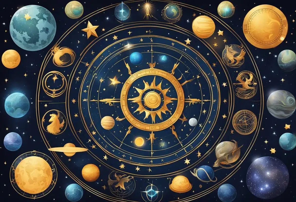 A collection of zodiac symbols arranged in a circle, with each sign represented by its unique symbol and surrounded by celestial elements like stars and planets