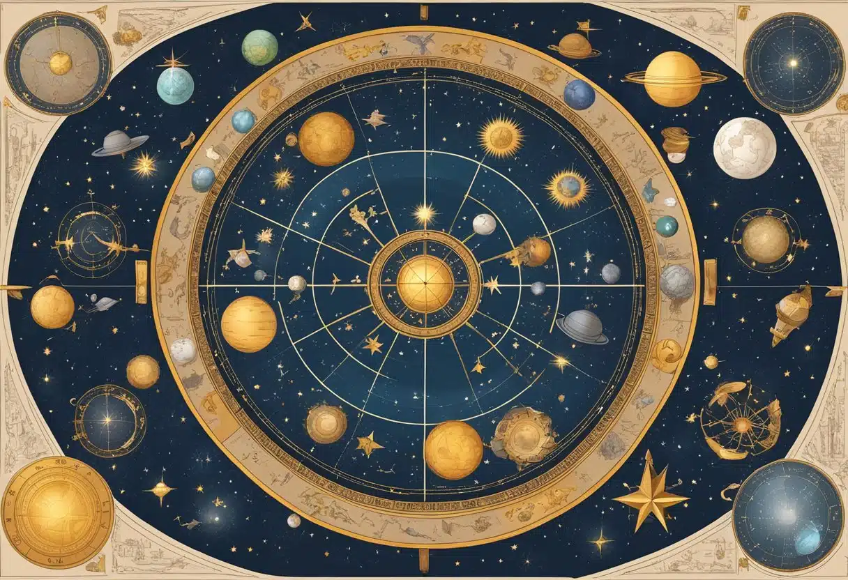 A celestial map with zodiac signs and constellations, surrounded by celestial objects and symbols, representing expanded knowledge of astrology