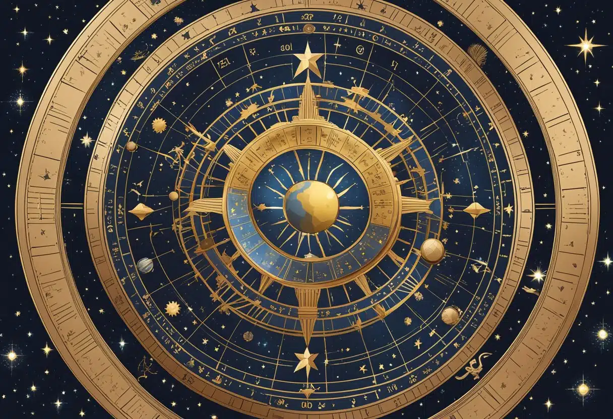 A celestial wheel with zodiac symbols and planetary rulers, set against a starry background