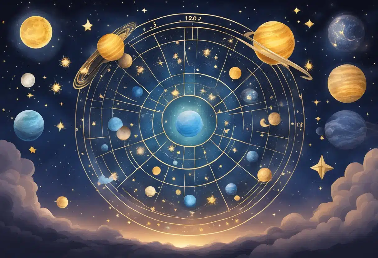 A night sky filled with celestial bodies and zodiac symbols, representing the cultural and historical context of astrology on January 27th