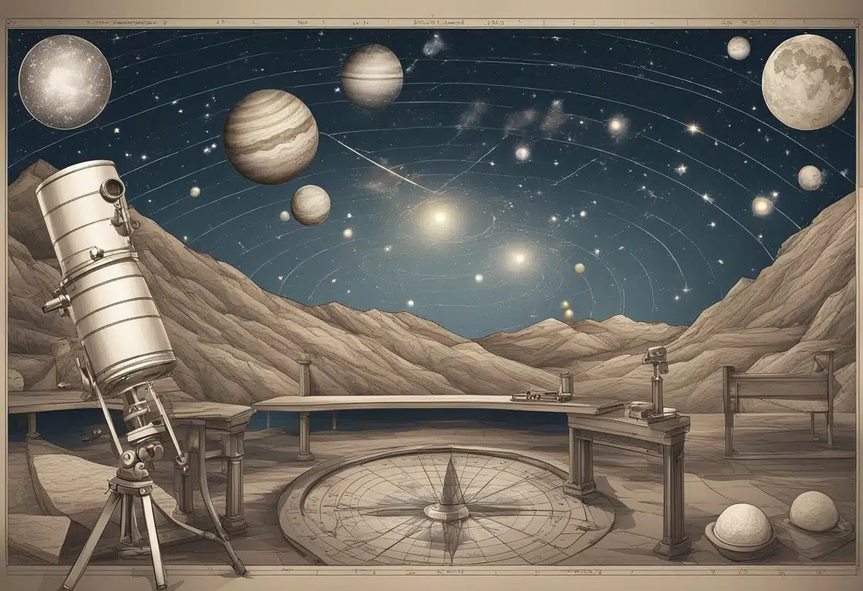 A night sky filled with stars and planets, with a telescope and astrological charts spread out on a table