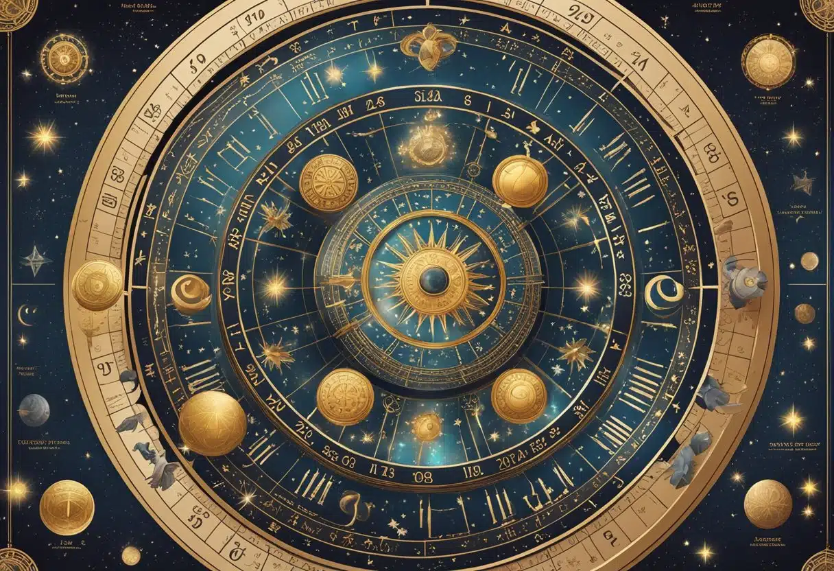 A zodiac wheel with astrological symbols and dates, surrounded by celestial elements and a sense of mystique