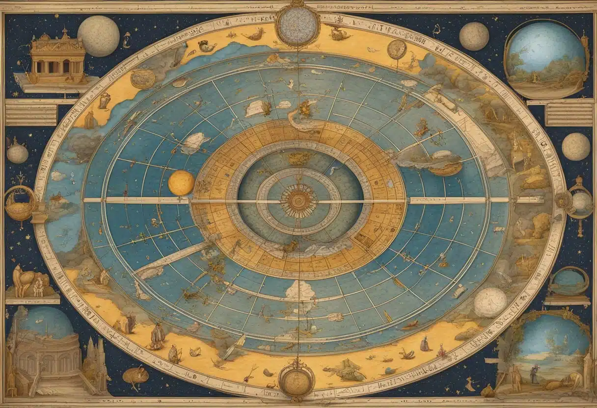 A celestial map with zodiac symbols and constellations, surrounded by ancient texts and astronomical instruments