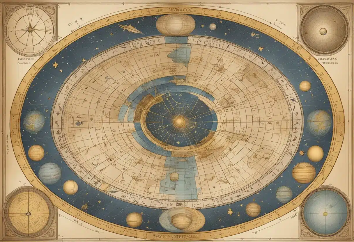 A celestial chart with zodiac symbols and dates, surrounded by cosmic elements like stars, planets, and constellations