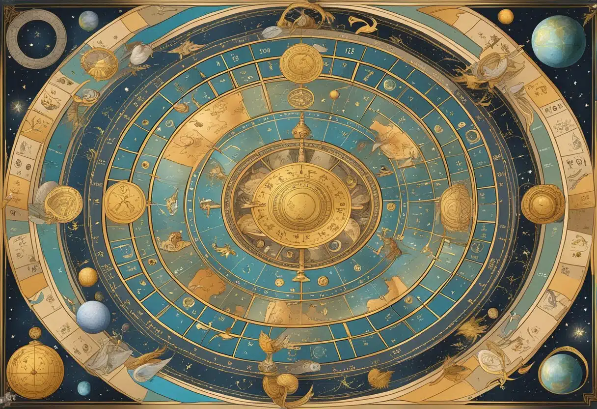 A celestial chart with zodiac signs and dates, surrounded by cosmic elements and symbols