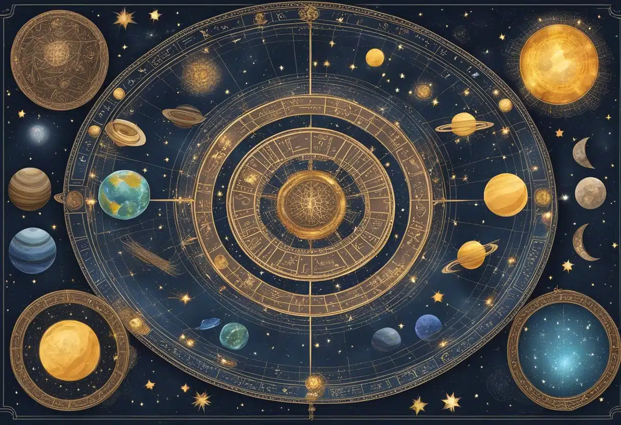A night sky filled with zodiac constellations, planets, and celestial bodies, surrounded by mystical symbols and ancient texts