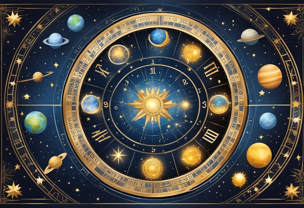 A celestial wheel with zodiac signs and date "29. Januar" in the center, surrounded by stars and planets