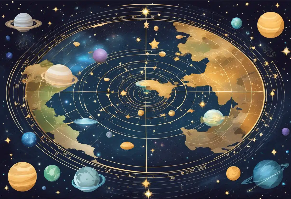 A celestial map with zodiac signs and planetary symbols, surrounded by swirling stars and cosmic dust