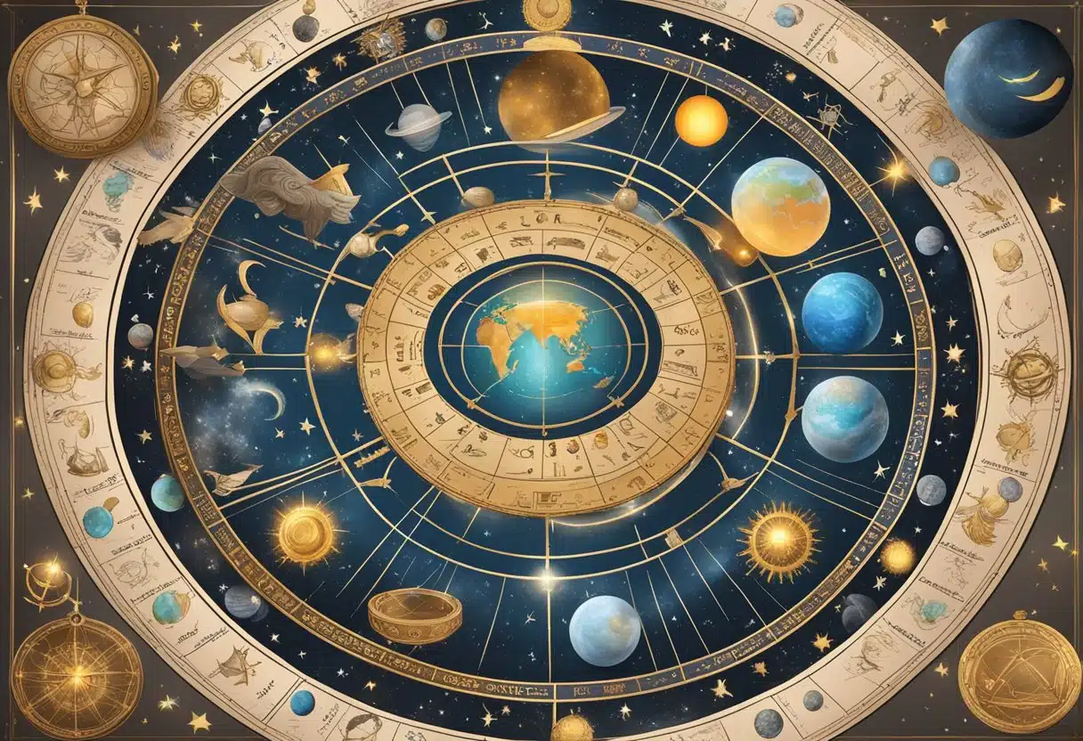 A person reading a horoscope chart with zodiac symbols and planetary alignments, surrounded by celestial objects and mystical symbols