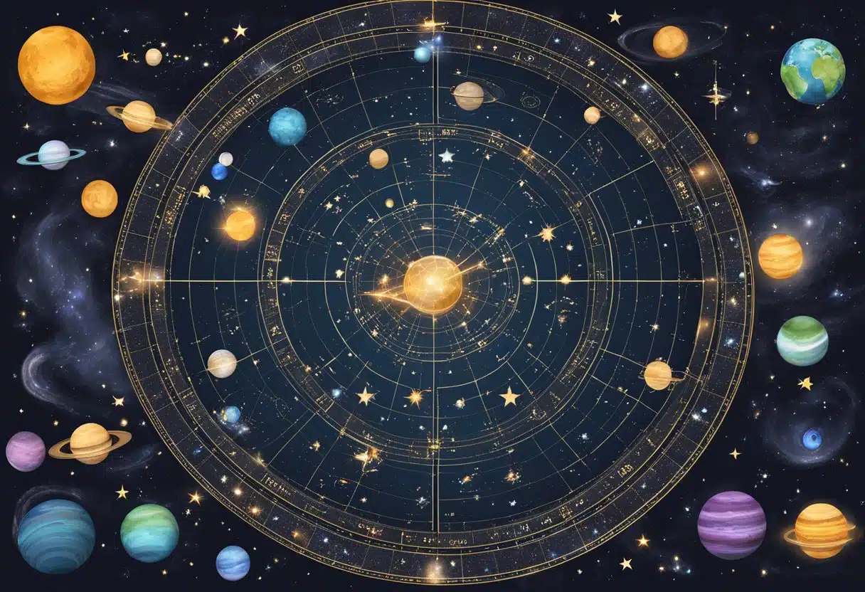 A celestial map with zodiac signs and planets, surrounded by star constellations, on a backdrop of deep space