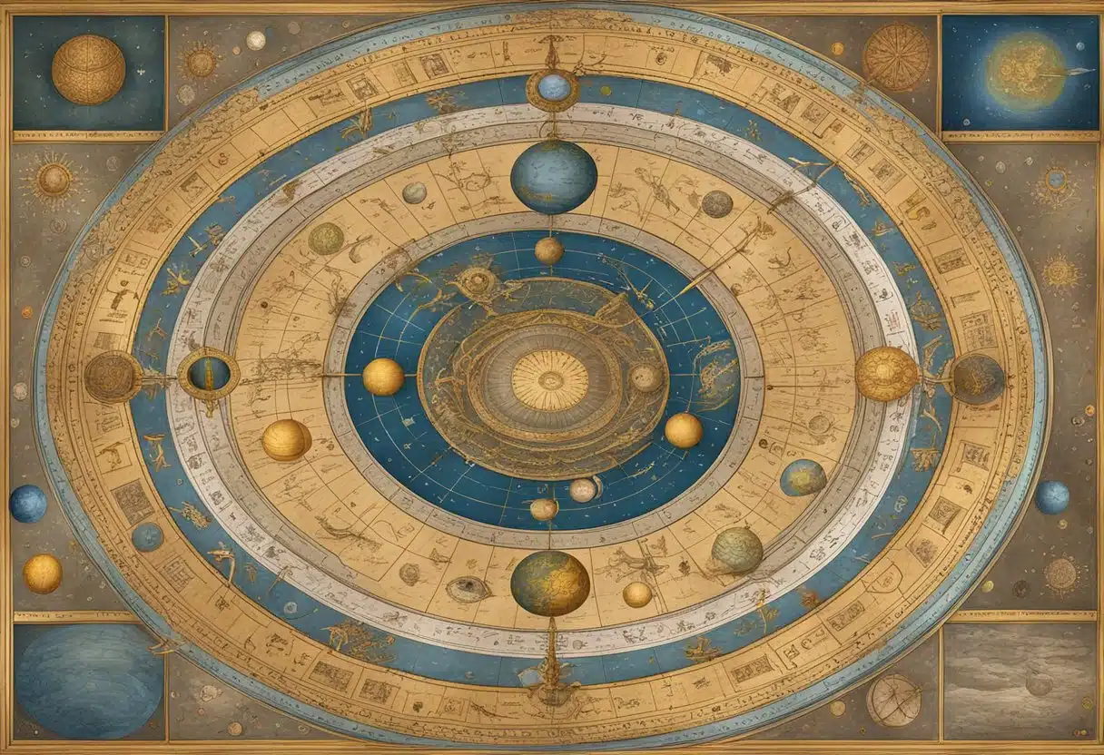 A celestial map with zodiac symbols and planetary alignments, surrounded by mystical symbols and ancient texts