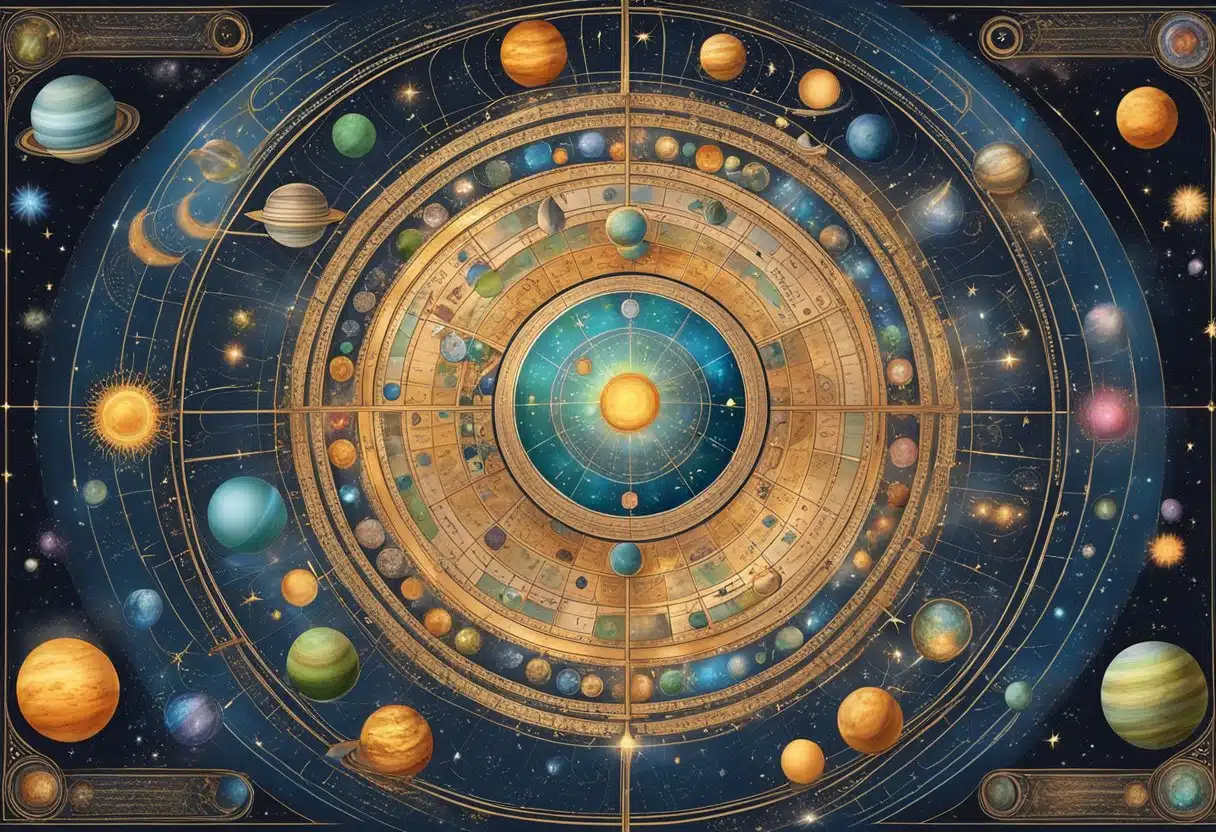 A vibrant celestial chart with intricate symbols and planets, surrounded by cosmic patterns and mystical elements