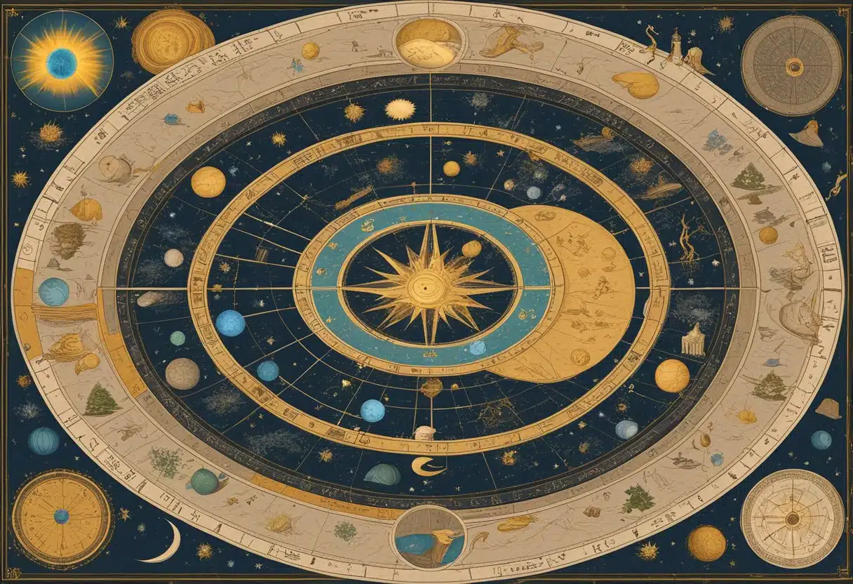 A celestial map with zodiac signs and constellations, surrounded by ancient texts and philosophical symbols