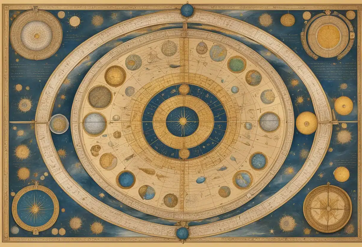 A celestial map with precise astrological symbols and measurements, surrounded by ancient texts and tools of divination