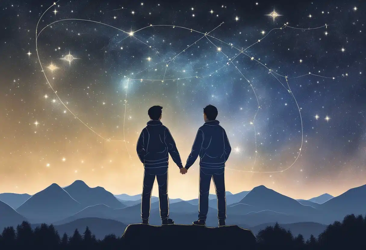 Two celestial twins stand back to back, one holding a pair of stars while the other holds a constellation map. The night sky twinkles with the Gemini constellation above them