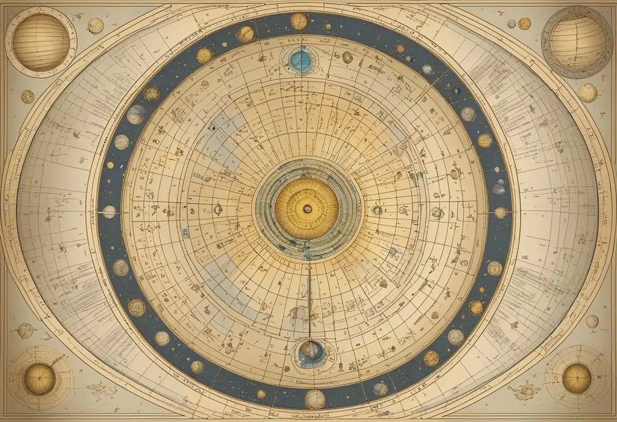 A celestial chart with zodiac symbols and planetary alignments