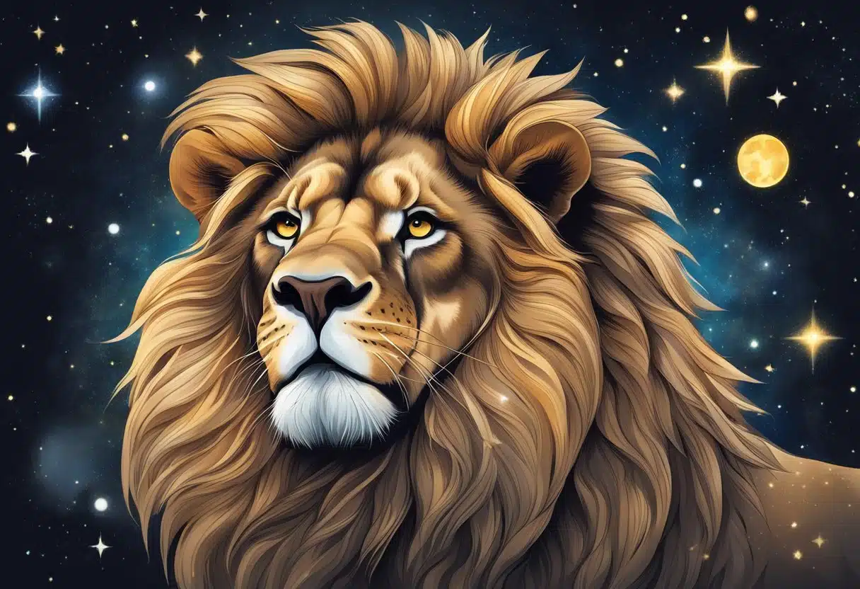 A majestic lion surrounded by stars, representing the Leo zodiac sign